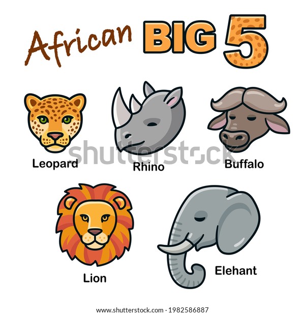 African Big Five animal heads cartoon set.
Lion, Leopard, Elephant, Rhino and Buffalo. Isolated vector clip
art illustration.