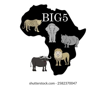 African Big five. Rhinoceros, Leopard, Elephant, Lion, Buffalo.