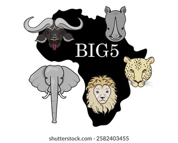 African Big five. Rhinoceros, Leopard, Elephant, Lion, Buffalo.