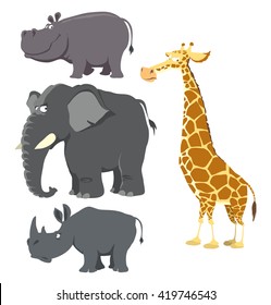 African big wild animals set. Hippo, elephant, rhinoceros and giraffe. Vector illustration