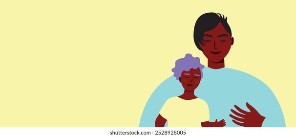 African BIPOC father with son or daughter as a concept of childhood and parenthood, flat vector stock illustration as a template for overlay and copy space