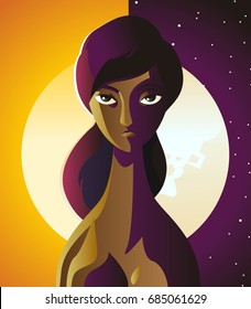 african bipolar colorful woman in a sun and moon sky