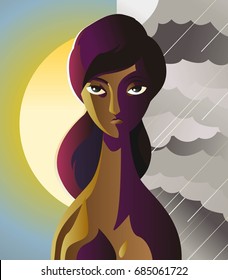 african bipolar woman on a clearly sun sky and a storm background