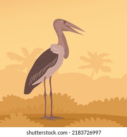 Afrikanischer Vogelstorch-Marabou. Es steht auf den Füßen. Großer Schnabel. Savannah Wildtier. Fauna und Zoologie. Wilde Landschaft. Flache Vektorfarbgrafik