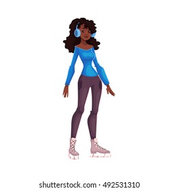 African black beautiful woman wearing ice skates, cartoon vector illustration isolated on white background. Full height portrait of pretty female black ice skater, winter activity, outdoor leisure