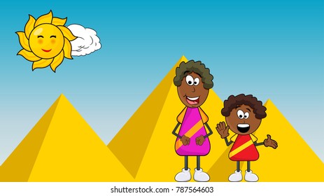 african black boy cartoon with mother on pyramid background
