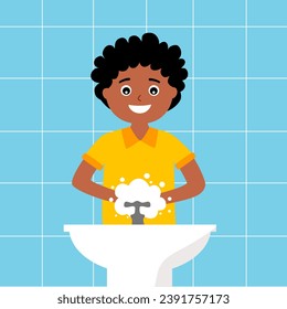 African black boy washing his hands in flat design.