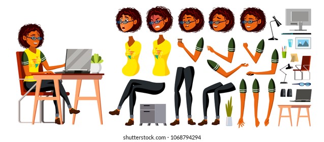 African Black Business Woman Character Vector. Working American Female Girl. Business African Black Character Working At Office Desk. Animation Set. Lady. Cartoon Illustration