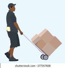 African or Black delivery man with hand truck