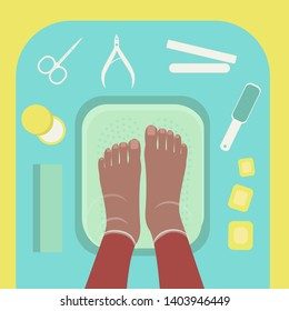 African black female feet in water bowl, top view. Spa procedures, beauty salon, pedicure. Pedicure tools. Vector illustration