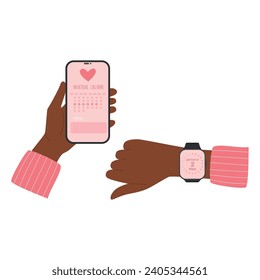 African black female hand holds phone with a menstruation calendar app with synchronization with smart watch