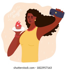 african black food blogger making photo selfie with cupcake for blog or vlog review. brunette girl  with smartphone camera. Golden earrings, beads, bracelet. Social media Vector cartoon illustration