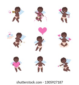 African black funny cupid angel characters in different poses. Flat isolated clip art illustration for Valentine's day and holidays