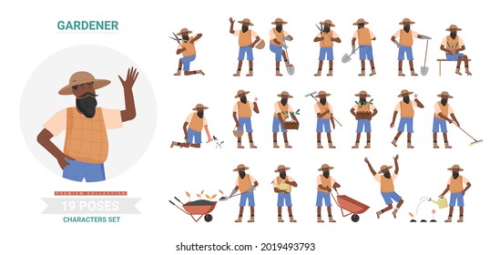 African black gardener working poses infographic vector illustration set. Cartoon flat elderly bearded man worker farmer character planting and harvesting different postures, farm garden work isolated