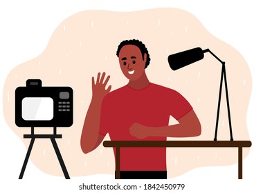 African black man blogger make video tutorial. male podcaster talking to camera using microphone. Vector illustration in flat style