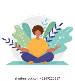 An african black man with brown hair meditating in nature and sitting on a rug. Illustration for yoga, meditation, and healthy lifestyle. Vector illustration in flat cartoon style.