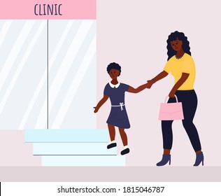 African black mother and daughter go to the clinic or children's Pediatrics. brunette mother in blue jeans leads a little girl in a maroon dress and a white belt by the hand. Cartoon 