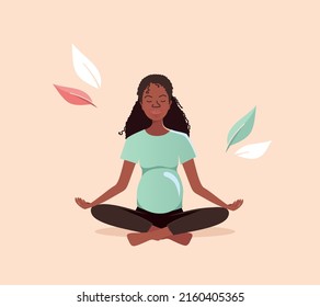 Mujer Embarazada Negra africana haciendo ejercicios de yoga. Ilustración vectorial de dibujos animados