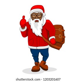 African black santa claus trendy clothes big bag show thumb up. Vector illustration