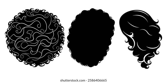 African Black Woman curly hair silhouette vector with white background