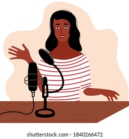 African black Woman is doing live podcast. Female in striped jacket podcaster talking to microphone recording voice in studio. Vector illustration in flat style