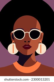 African black woman fashion pastel paint color portrait minimal contemporary poster vector flat illustration. Afro stylish strong female head ethnic hair in sunglasses earrings trendy figure