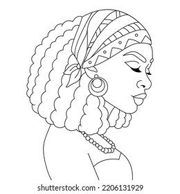 African Black Woman Head Wrap Scarf Bandana Braids Hairstyle Afro Girl Vector Coloring Page Outline Illustration