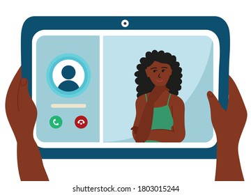 African black woman is on the tablet device screen, incoming call for conference. girl with curly hair. vector illustration design. Human hand hold device and connect online communication.  cartoon.