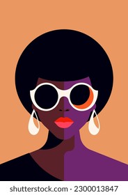 African black woman pop art portrait vibrant color poster minimal t shirt print vector flat illustration. Afro fashion female in sunglasses and earrings contemporary strong feminine support concept