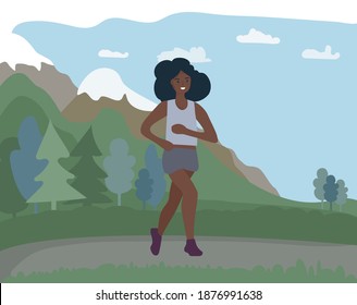 African black woman running outside in the mountains. Sports training in the street. A runner on the move. Marathon and long runs outside. running and fitness every day. comfortable sportswear