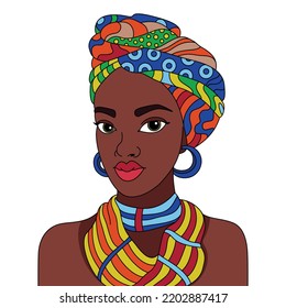 Mujer africana negra turbante cabeza envoltura pañuelo cabeza pañoleta reina nubia ilustración de color vectorial