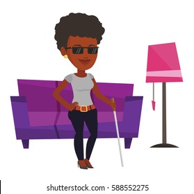 African blind woman standing with walking stick at home. Blind woman in dark glasses standing with cane. Blind woman walking with stick. Vector flat design illustration isolated on white background.
