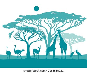 African blue landscape with animals. Vector illustration