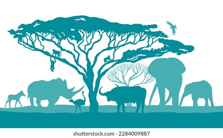 African blue landscape with animals. Vector illustration