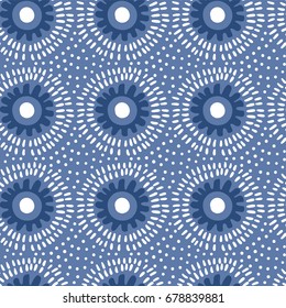  African blue textile. Vector seamless tribal pattern with point circles.