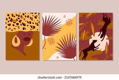African boho art set vector illustration. Abstract minimalist posters with tribal portrait of woman, wild black panther silhouettes and brown hand drawn jungle leaves for social media, invitation card