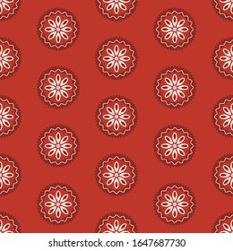 African boho floral pattern. Semless ethnic ornament on red background with minimal flowers