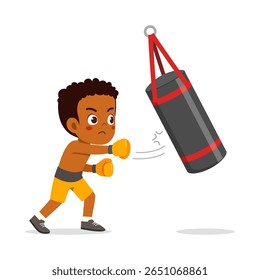 Boxe menino africano com saco de pancada no ginásio com expressão determinada na ilustração de desenho animado