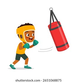 Menino Africano Boxe com Saco de Perfuração Sorrindo e Vestindo Luvas de Boxe e Chapéu