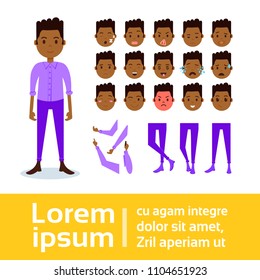 african boy character constructor set of various male emotion faces, hands, legs body parts template for design work and animation full length flat person design