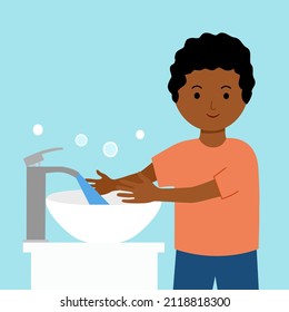 Niño africano lavando manos en la ilustración vectorial del concepto del fregadero. Lavarse las manos bajo grifo con agua y jabón. 