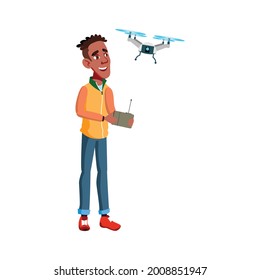 african boy controlling drone fly with remote control in park cartoon vector. african boy controlling drone fly with remote control in park character. isolated flat cartoon illustration