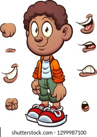 African boy with different moving parts, ready for animation. Vector clip art illustration with simple gradients. Some elements on separate layer. 
