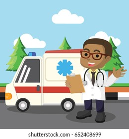african boy doctor standing in front of ambulance