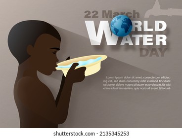 African boy drinking water from blow with wording of world water day, example texts on gray paper pattern background. . Poster campaign of world water day in paper cut style and vector design.