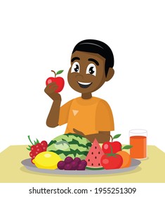African Boy eating fresh healthy fruits.,vector eps10