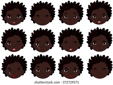 African boy emotions: joy, surprise, fear, sadness, sorrow, crying, laughing, cunning wink. Vector cartoon illustration