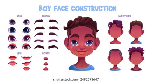 African boy face construction set isolated on white background. Vector cartoon illustration of male teenager avatar kit, young guy head, color eyes, eyebrows, lips, noses, hairstyles, emotions on lips