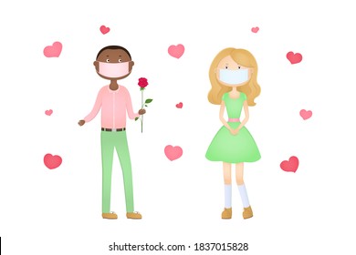 African boy in face mask give Caucasian girl a flower. Valentines Day 2021. Vector illustration.