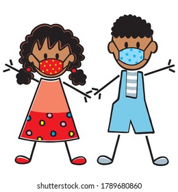 African boy and girl at protective mask, color vector illustration on white background.